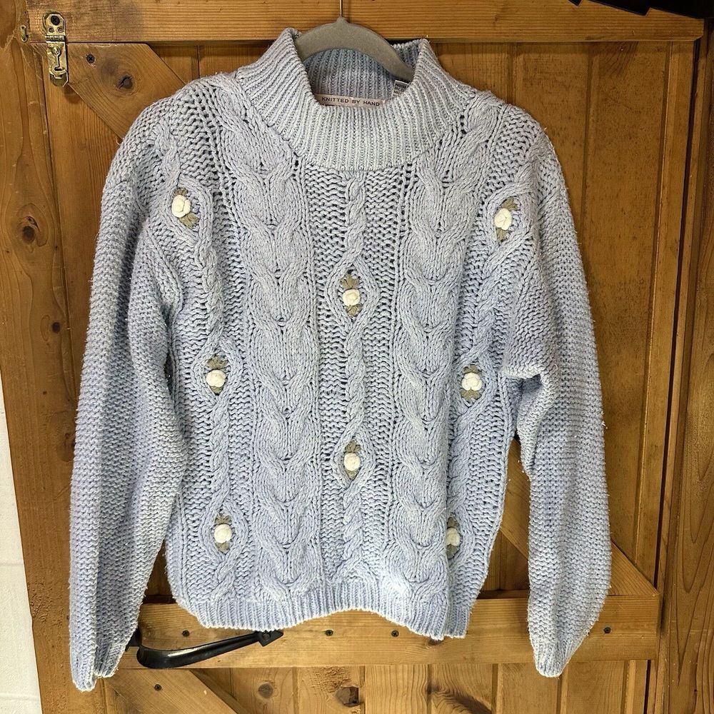 Vintage Pure Designs Women's S Sweater Hand Knitted Baby Blue Periwinkle Floral